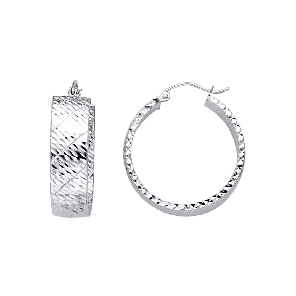 14K White Gold Hollow Wide Full Diamond cut Hoop